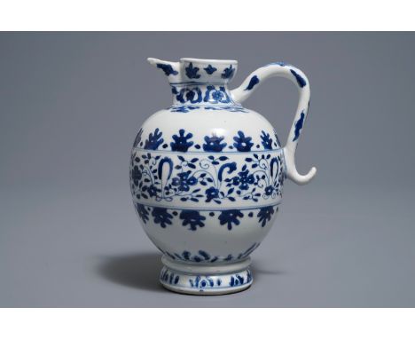 A Chinese blue and white jug after a Southern European example, Kangxi     H.: 19 cm         Condition reports and high resol