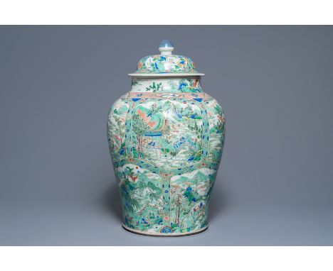 A large Chinese famille verte vase and cover with figures in fluvial landscapes, Kangxi     H.: 64 cm  See also:- A similar v