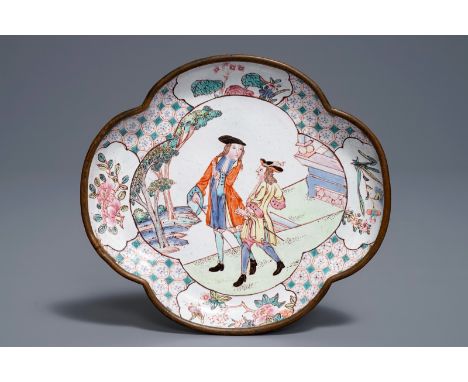A Chinese Canton enamel quatrefoil 'Europeans' dish, Qianlong     Dim.: 12 x 11 cm         Condition reports and high resolut