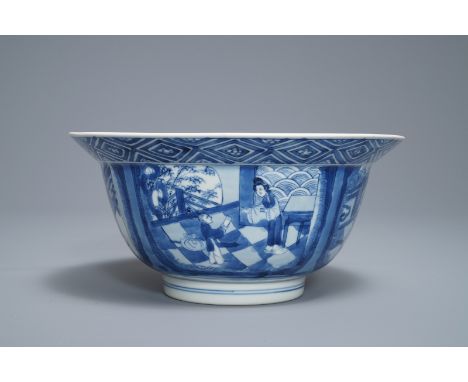 A Chinese blue and white klapmuts bowl with figural design, Kangxi mark and period     Dia.: 20 cm - H.: 9,5 cm         Condi