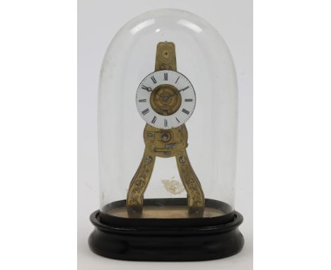 A small brass skeleton timepiece, late 19th century, the inverted Y frame with chased scrolling foliate decoration, the white