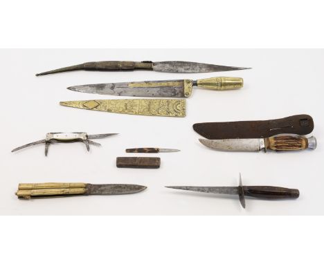 A group of knives and daggers, to include a brass vendetta knife, approx. 26cm long, a painted wood handle stiletto, approx. 