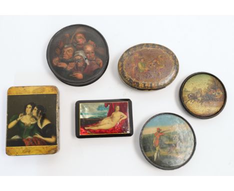 A group of six lacquer and papier-m&acirc;ch&eacute; boxes, 19th century, to include a rectangular box with painted scene to 