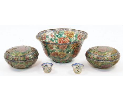 A set of Chinese plique-à-jour wares, 20th century, comprising a large reticulated bowl with lobbed flaring rim, filled to th