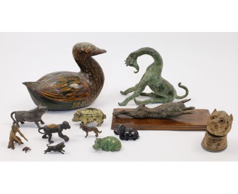 A group of animalia objects of vertu, 19th - 20th centuries, to include a large carved and painted wood decoy duck, 21.5cm hi