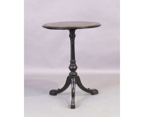 A Victorian ebonised tripod table, third quarter 19th century, the walnut inlaid top with Greek key design and parcel gilt ed