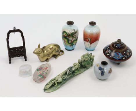 A group of miniature Japanese and Chinese objects of vertu, to include a Japanese cloisonné incense burner and cover, Meiji p