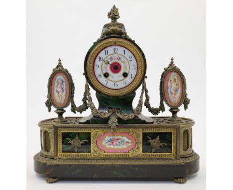 A French brass and simulated tortoiseshell mantel clock, 19th century, the case with brass floral swags and Sevres style porc