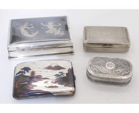 A small group of cases and boxes, comprising: a cigarette case, stamped SILVER 950, decorated with a Japonisme scene featurin