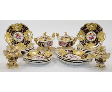 A Ridgway dessert service, early 19th century, numbered 1177 to underside, of mazarine blue ground with yellow panels decorat