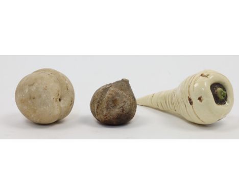 Three decorative faux fruit and vegetables, 20th century, comprising a ceramic parsnip, naturalistically painted and glazed, 