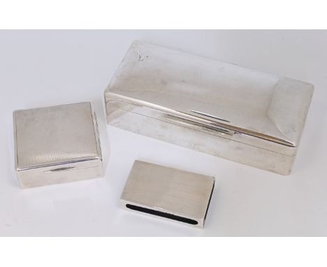 A silver cigarette box, London, 1928, Mappin &amp; Webb, of square form with engine turned design to the hinged cover, with w