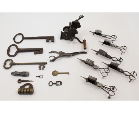 A collection of metal ware, 19th - 20th centuries, to include a German cast iron table mounted bean slicer with crack handle,