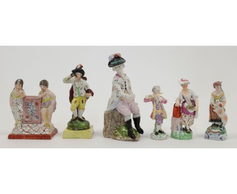 A group of English ceramic figures, 19th century, to include a Staffordshire pearlware figure emblematic of fire, possibly En