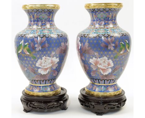 A pair of Chinese cloisonné enamel blue ground vases, 20th century, of tapered form rising from splayed foot to broad shoulde