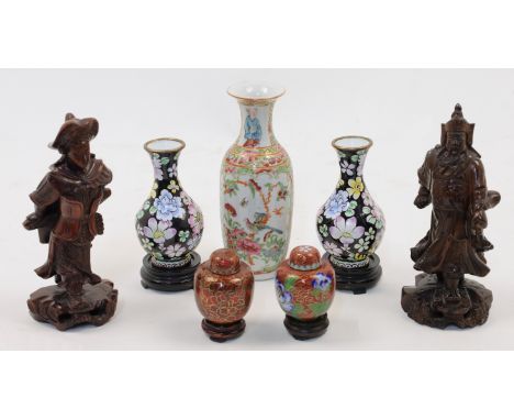 A group of Chinese objects, late 19th / early 20th century, comprising: a small Canton famille rose baluster vase painted wit