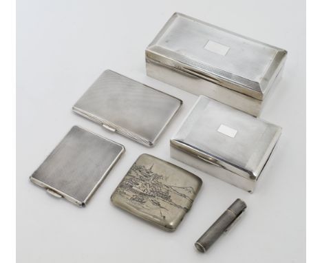 A group of silver cigarette boxes and cases, comprising: a cigarette box, London, 1928, Henry Williamson Ltd, of rectangular 