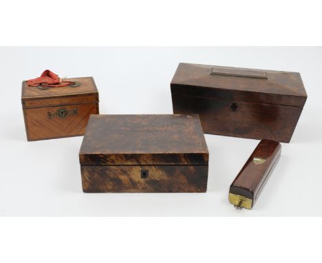 A group of tea caddies and boxes, 19th century, to include a mahogany strung rectangular tea caddy with brass roundels to the