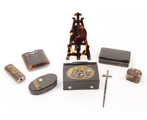 A group of tortoiseshell objects of virtue, 19th - 20th centuries, to include a tortoiseshell music box, the front mounted wi