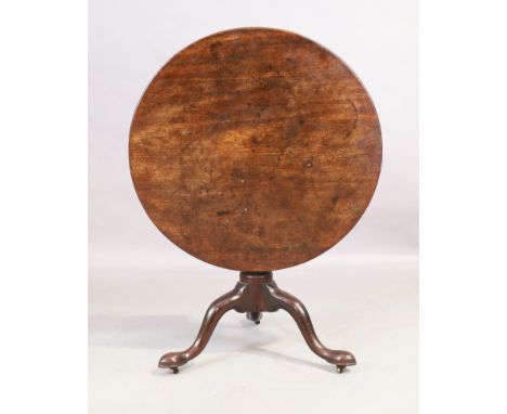 A George III mahogany tilt top table, last quarter 18th century, on tripod base and castors, 71cm high, 89cm deepCondition Re