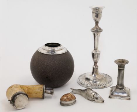 A small group of silver and silver mounted objects, comprising: a George III silver candlestick, Sheffield, 1792, Luke Procto