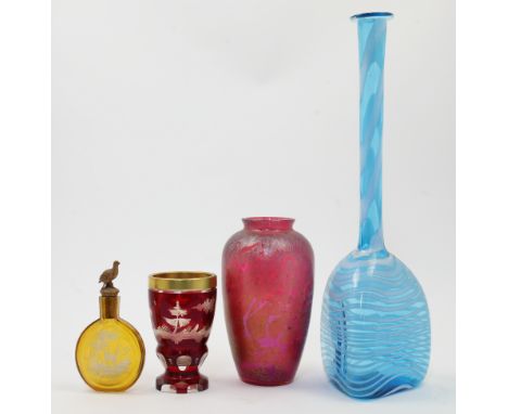 A group of coloured glass, 19th-20th centuries, to include a hand-blown turquoise and opaque stripe vase, the elongated neck 