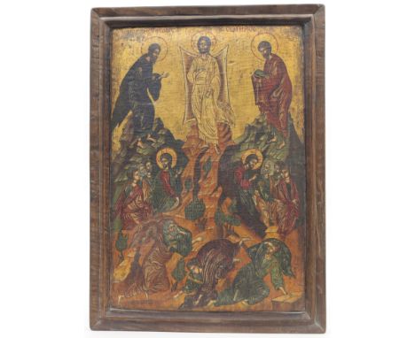 A group of seven Greek icons, late 19th - 20th centuries, to include: The Trinity (The Hospitality of Abraham), with gilded b