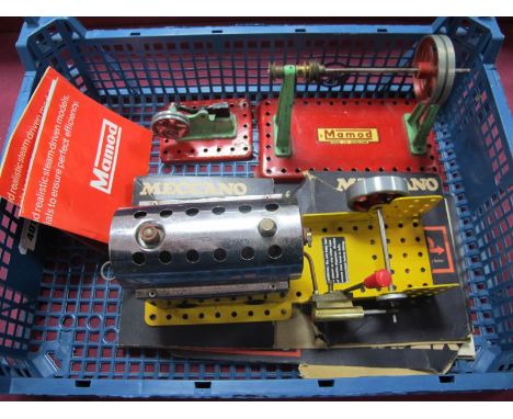 A 1970 Meccano Steam Engine, with reverse, with burner and only minor signs of use, box, but box flat, plus two Mamod accesso