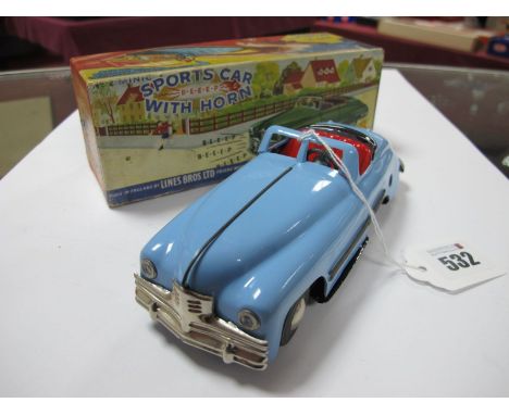 A Tri-ang Minic No 2 Sports Car with Horn,  light blue, horn works, cracks to windscreen surround, boxed.