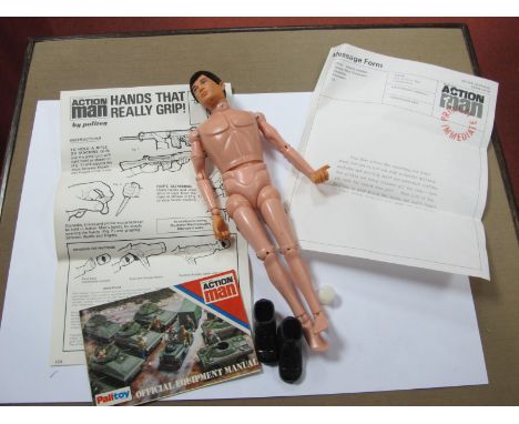 A 1970's "Send Awau Action Man",  Flack hair, grip hands, boxed, appear unused with hand cup, boots, correct paperwork and le