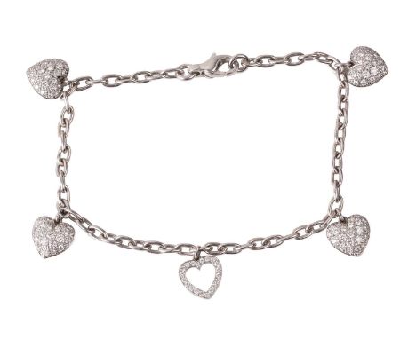 Tiffany &amp; Co. - a diamond-set heart charm bracelet in platinum, comprising a cable link chain, dangling with five heart-s