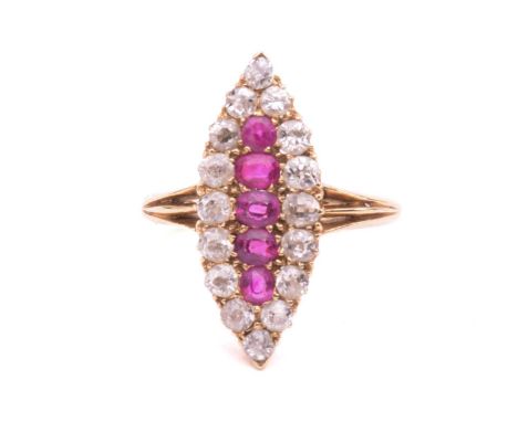 A late Victorian ruby and diamond cluster ring, circa 1893, the marquise cluster set with rubies and old cut diamonds, with a
