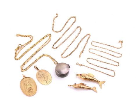 Two articulated fish pendants in yellow metal with engraved scales and red paste eyes, three yellow metal chains (testing as 