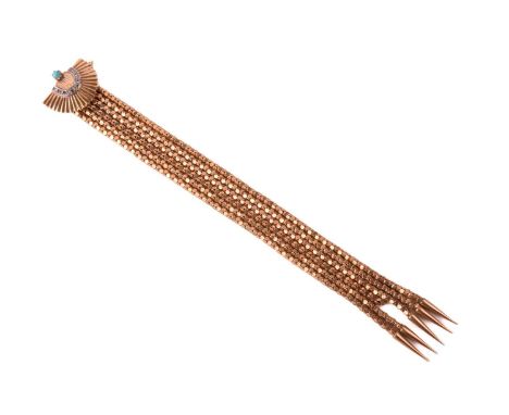 An Etruscan Revival-styled slide bracelet, comprising six rows of popcorn link chains with cone-shaped tasselled terminations