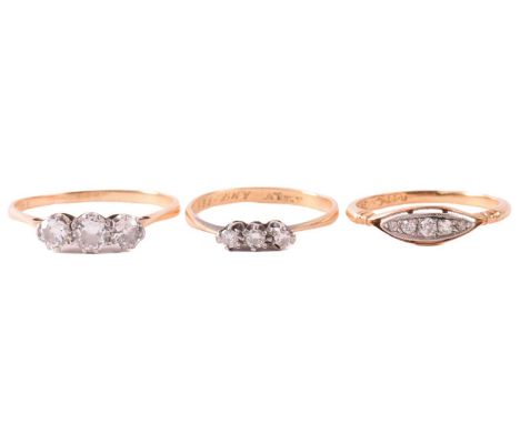 Three diamond rings; to include a trilogy ring with three circular-cut diamonds in coronet setting, shank engraved initials a