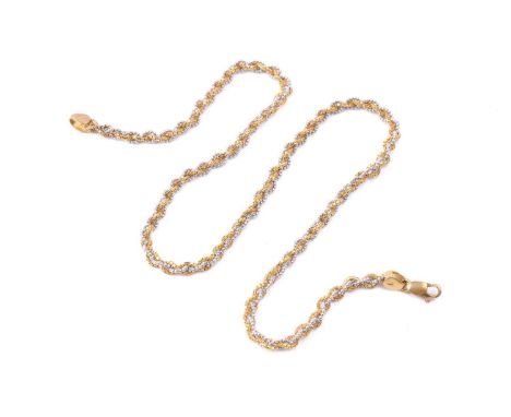 A two-tone braided necklace, intertwined with a fine box link chain and a ball link chain, connected with a lobster clasp, me