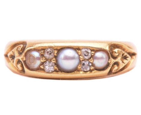 A Victorian pearl and diamond half-hoop ring, with three split pearls of greyish colour, interspaced by four old-cut diamond 