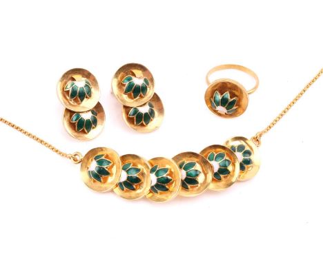 A necklace, ring and earrings suite of enamelled foliate design, the necklace has six overlapping concave panels, with domed 