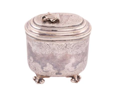 A George II silver tea caddy, Elizabeth Godfrey, London 1743, the oval pull-off cover with hinged shell shaped finial, overal