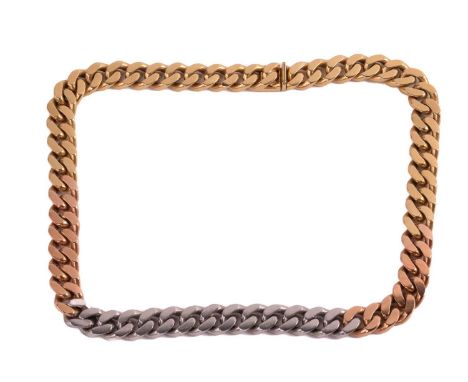 A three-tone heavy flat curb link necklace, fastened with a concealed tongue clasp stamped '18ct', overall length 42.0 cm, wi