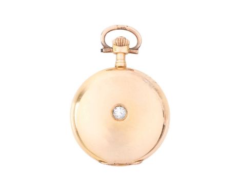 A full hunter diamond set fob pocket watch in 14kt gold, featuring a keyless wound movement in a yellow metal case stamped 14