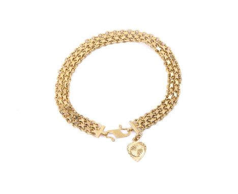 A bismarck link bracelet, dangling with a heart charm engraved with radiating bright-cut patterns, completed with an S-hook c