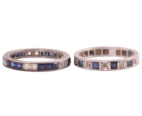 A diamond and blue paste half hoop ring marked 18ct, ring size Q, a sapphire and colourless sapphire eternity ring in white m