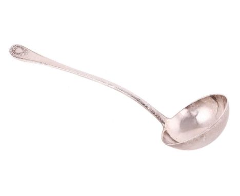 A Victorian silver soup ladle, John Bodman Carrington (Carrington &amp; Co), London 1894, the handle with feather edge and ca