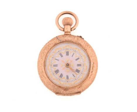 An open-face pocket fob watch, featuring a keyless wound movement in a yellow metal case stamped 14C and measures 28mm with a