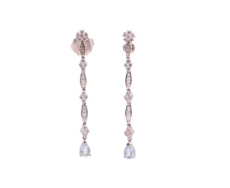 A pair of diamond and aquamarine drop earrings in 18ct white gold, each containing articulated navette-shaped sections with c