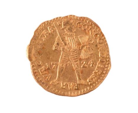 A Dutch gold Ducat from Akerendam shipwreck, 1724, minted in Utrecht, obverse with a standing knight in full armour holding a