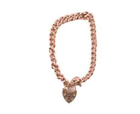 A 9ct gold curb link bracelet with heart padlock, comprising hollow curb links in rose gold, completed with a yellow gold hea