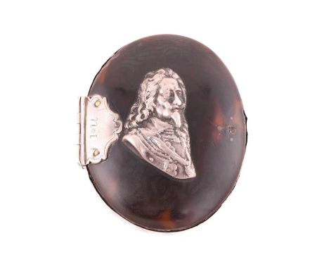 A George I tortoiseshell and silver mounted snuff box, no hallmarks, the oval hinged cover applied with a  bust of Charles I,