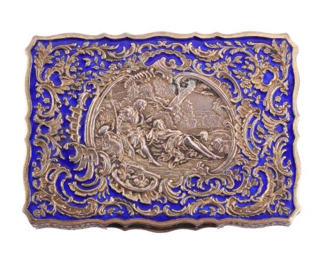 An early 20th-century continental silver and enamel table box, shaped rectangular with reeded sides, the hinged cover chased 